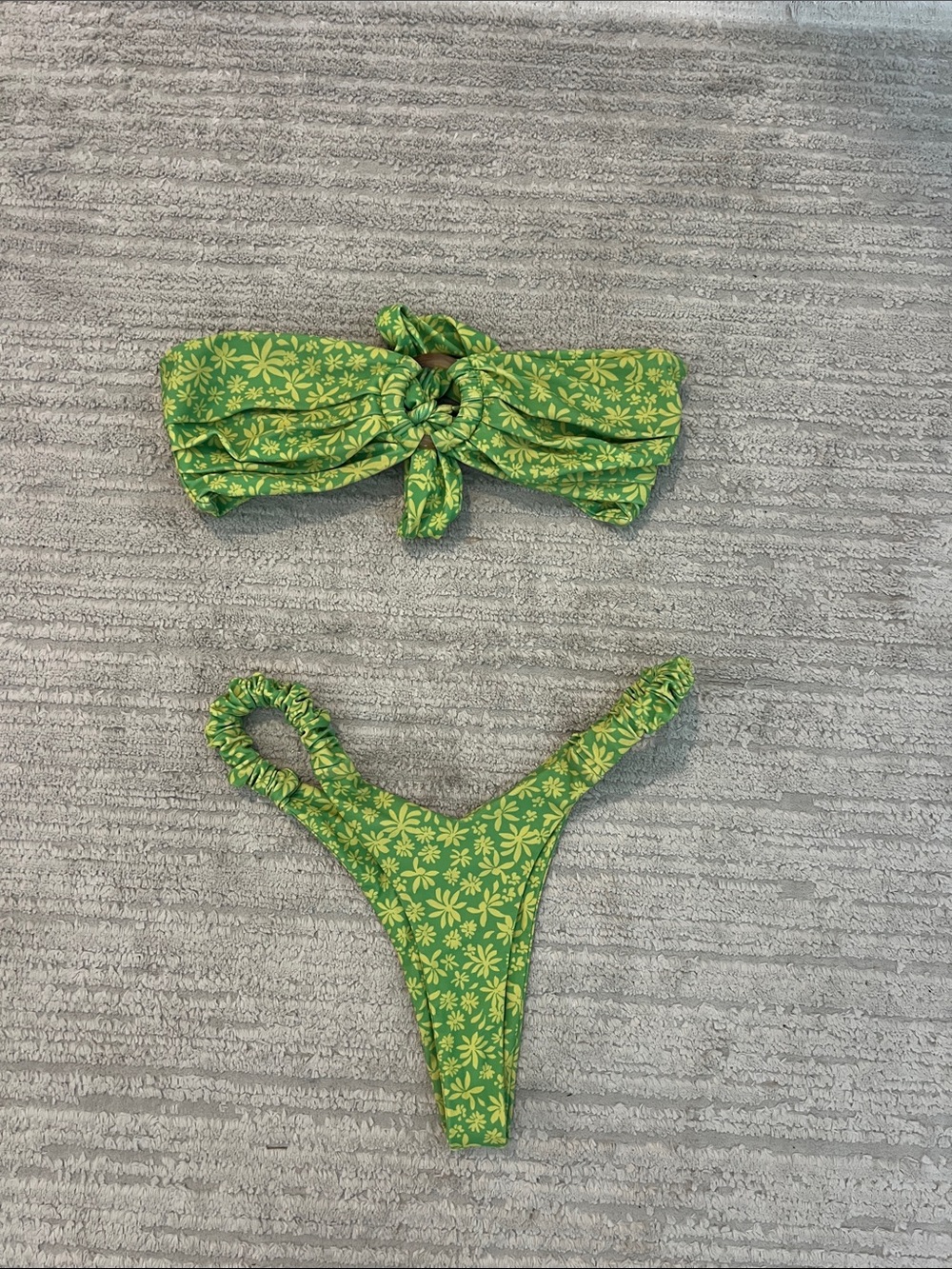 Green Floral Tie-Front Bandeau Bikini Set - ruched